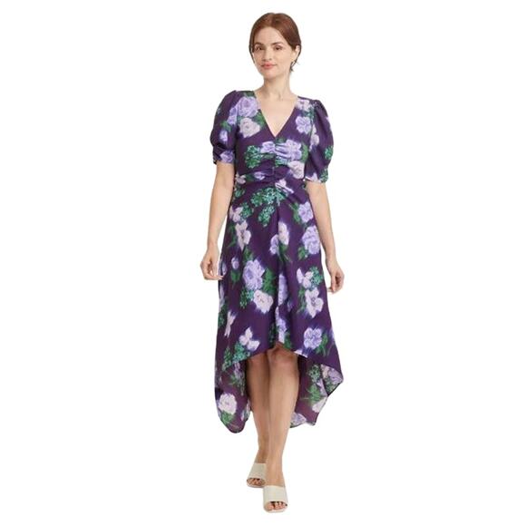 New A New Day Purple Navy Floral Spring Short Sleeve Midi Dress Small - Picture 3 of 4